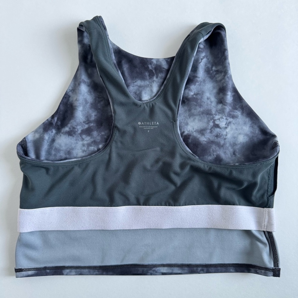 Athleta Conscious Cropped longer length sports bra in blue/gray tie dye. Size: S - Picture 7 of 11